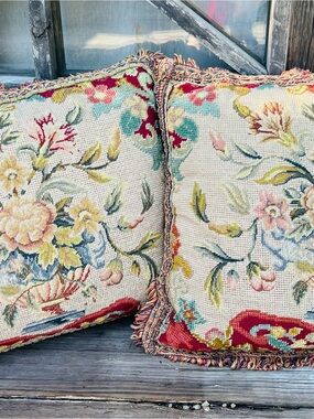 Vintage Hand-Stitched Needlepoint Pillow with Feather Insert